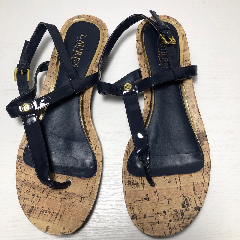 LAUREN RALPH LAUREN Women 10B Navy Kya Cork T-Strap Shoe Sandals EUC